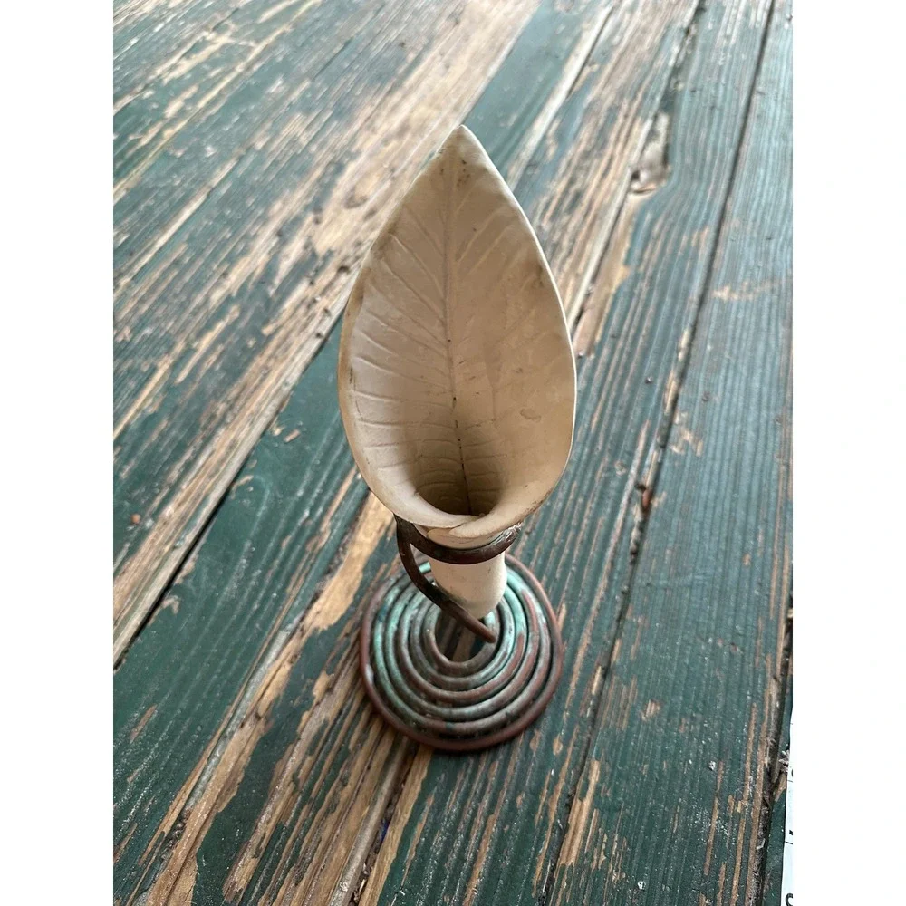 Artisan Ceramic Leaf Bud Vase with Spiral Copper Verdigris Patina Stand A3225